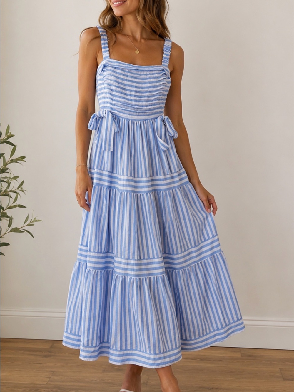 Anthropologie By The River Tiered Blue White Striped Tiered Sundress S EUC - Picture 8 of 8